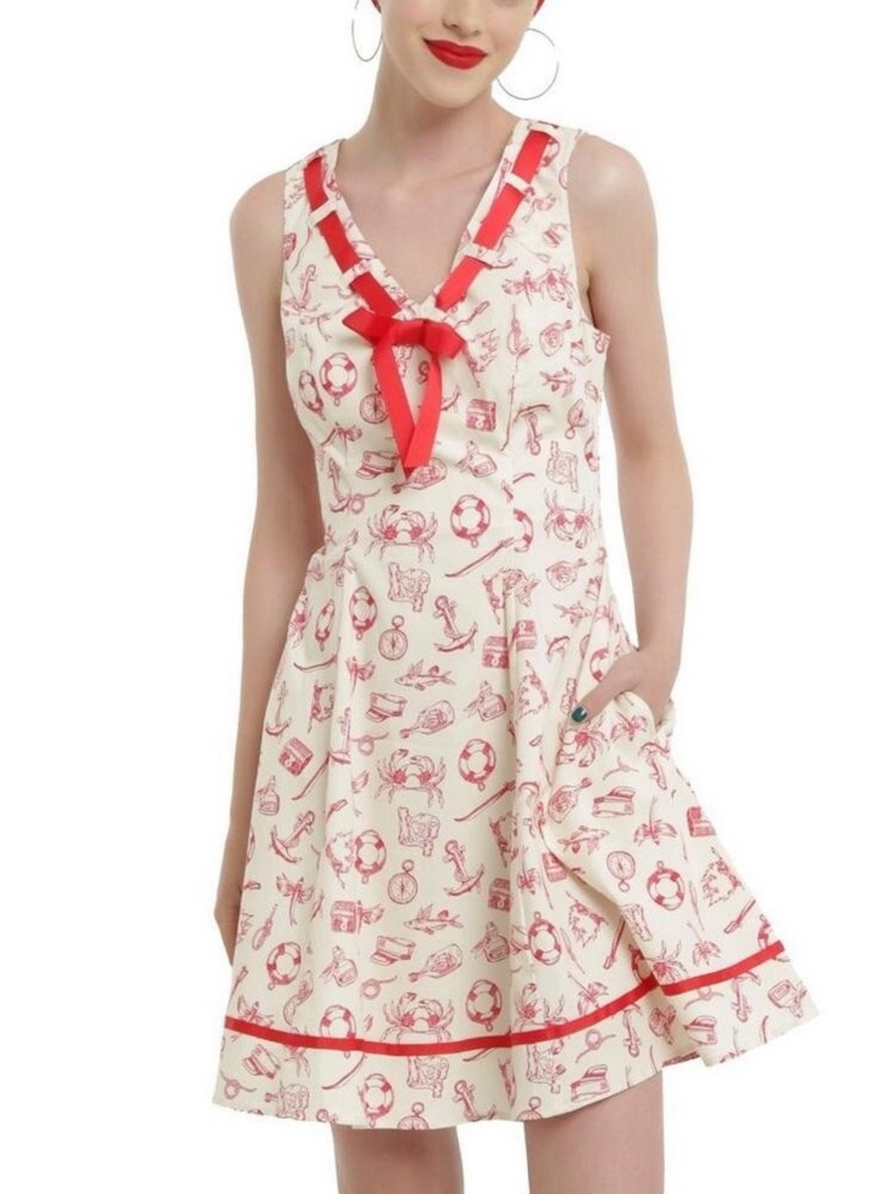 Hell Bunny Cream and Red Nautical Print Sleeveless Dress
